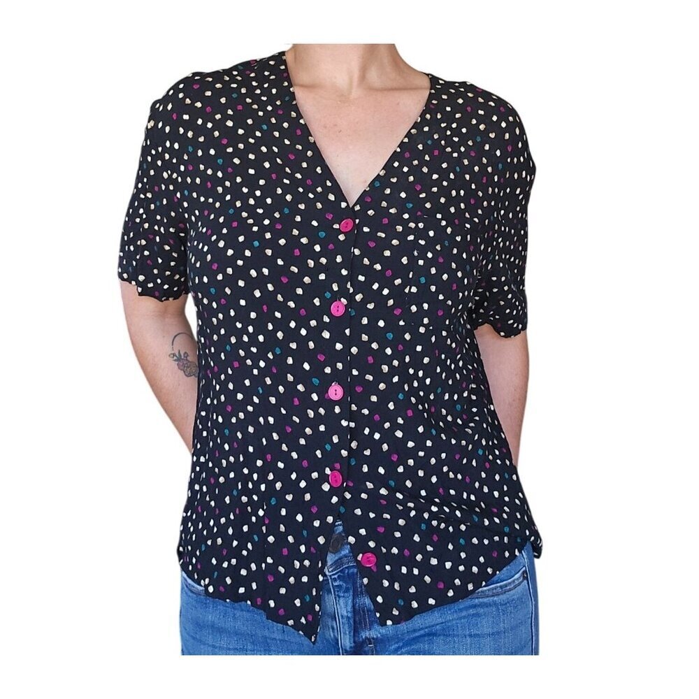 Vintage 80s Multicolor Spotted Button Down Blouse Women's Estimated Large Black